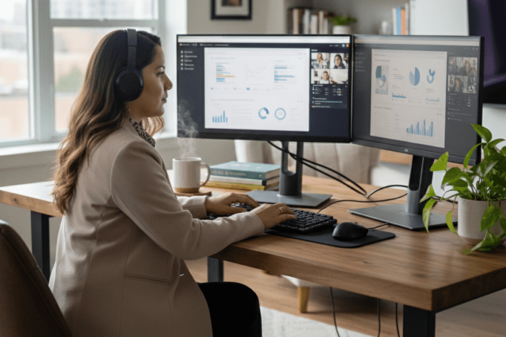 Profesional trabajando online con herramientas digitales. Monica Sargal experta formaciones online de alta calidad