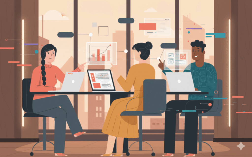 Equipo profesional participando en una reunión digital y formaciones online colaborativas para mejorar habilidades profesionales