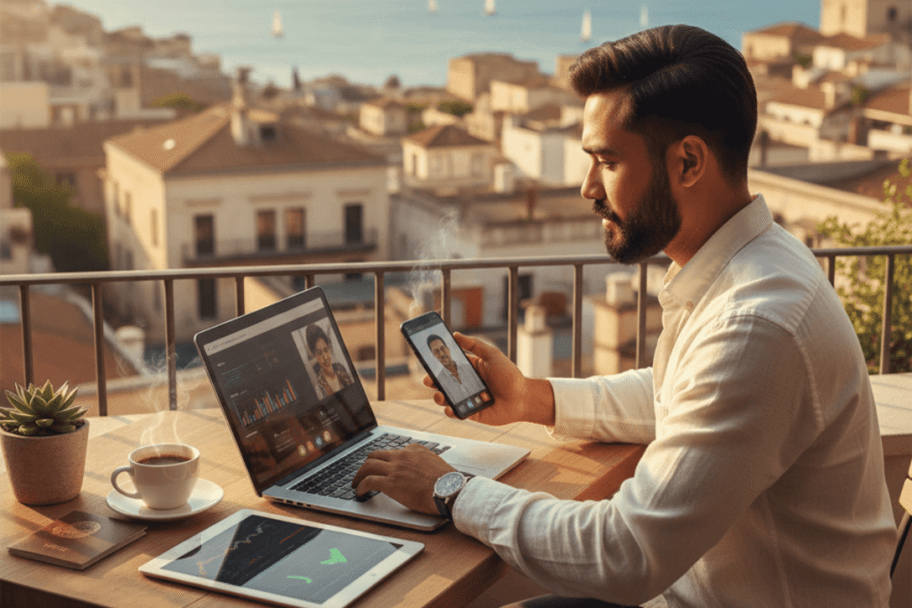 Profesional trabajando online desde casa con ordenador y móvil, accediendo a formaciones online y cursos digitales de alta calidad