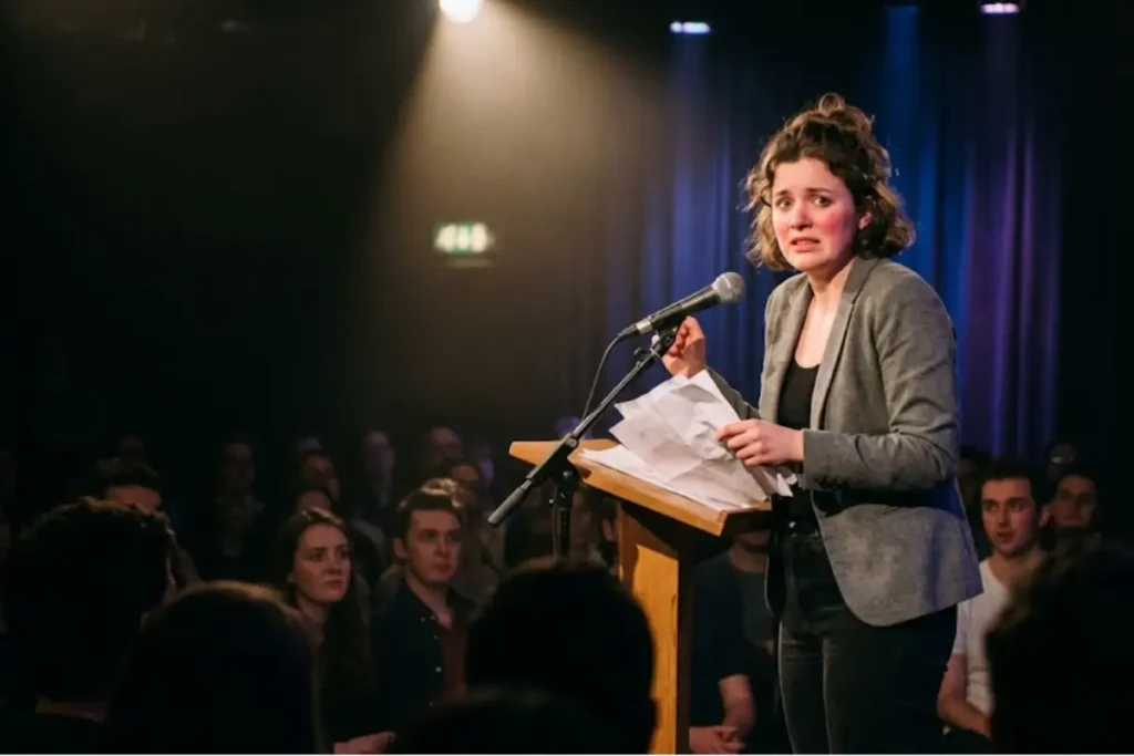 Mujer nerviosa en un escenario, representando la falta de estructura antes de conocer las 5 fases del Método BRAVO de oratoria.