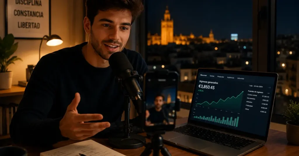 persona grabando contenido con microfono para ganar dinero por internet desde casa
